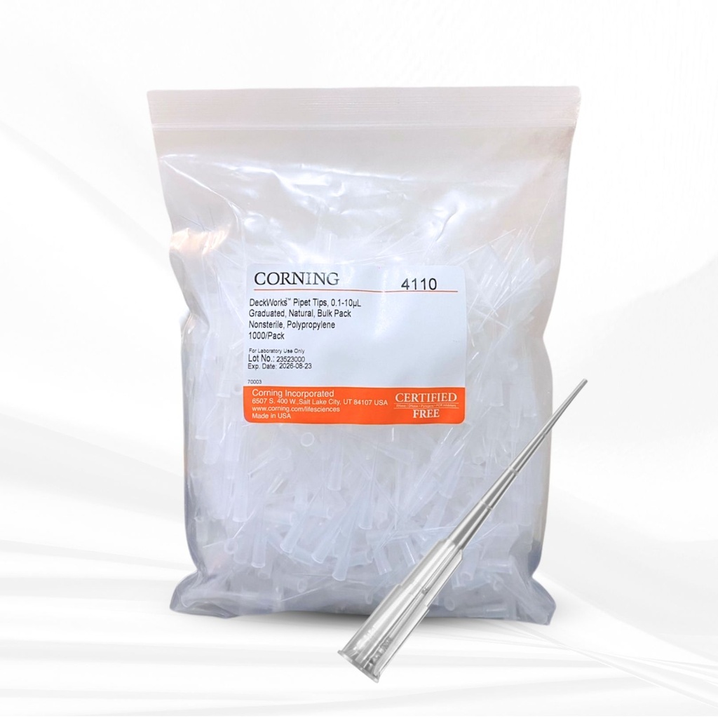 Corning® DeckWorks 0.1 - 10 µL Pipet Tips, Graduated, Natural, Nonsterile, Polypropylene, 1000 Tips/Bag