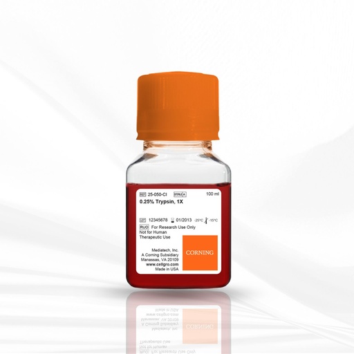 [MT-CC-25-050-CI] Corning® 100 mL Trypsin 1X, 0.25% Trypsin in HBSS [-] calcium, magnesium, Porcine Parvovirus tested